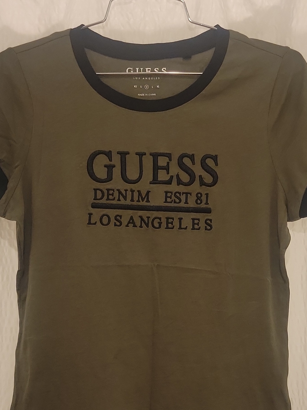 GUESS Olive Green Crewneck Tee with Black Logo Trim